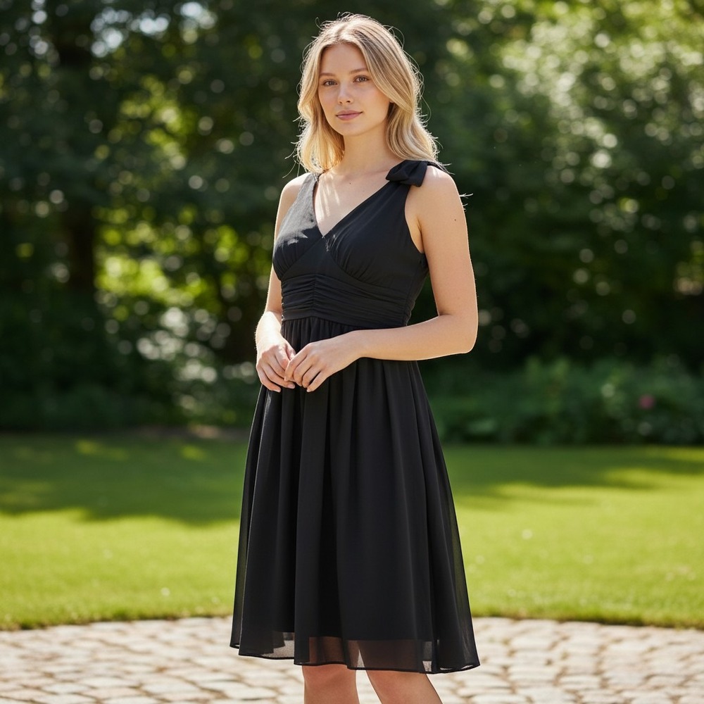 Eliza J New York cocktail dress womens M black rosette shoulder v-neck chiffon